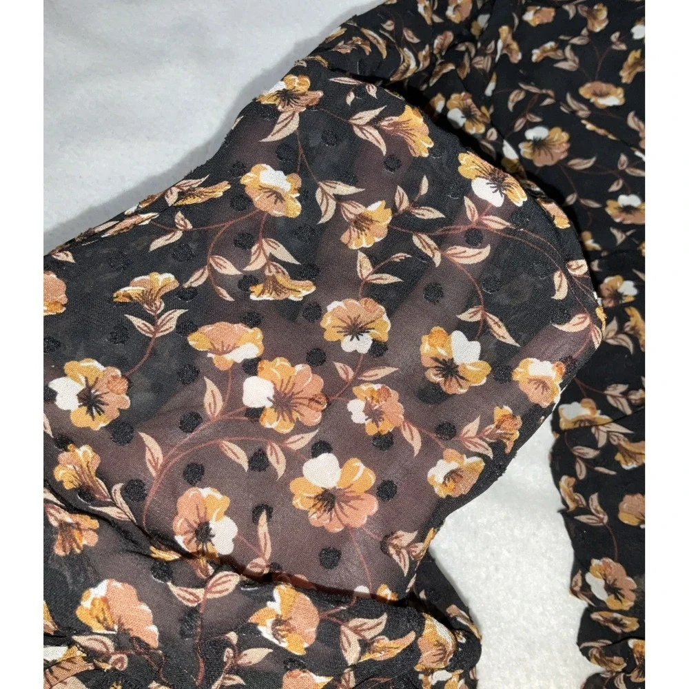 Storia  Dress Size S Mini Floral Long Sleeve ‎ Black Brown Ruched Swiss Dot Zip